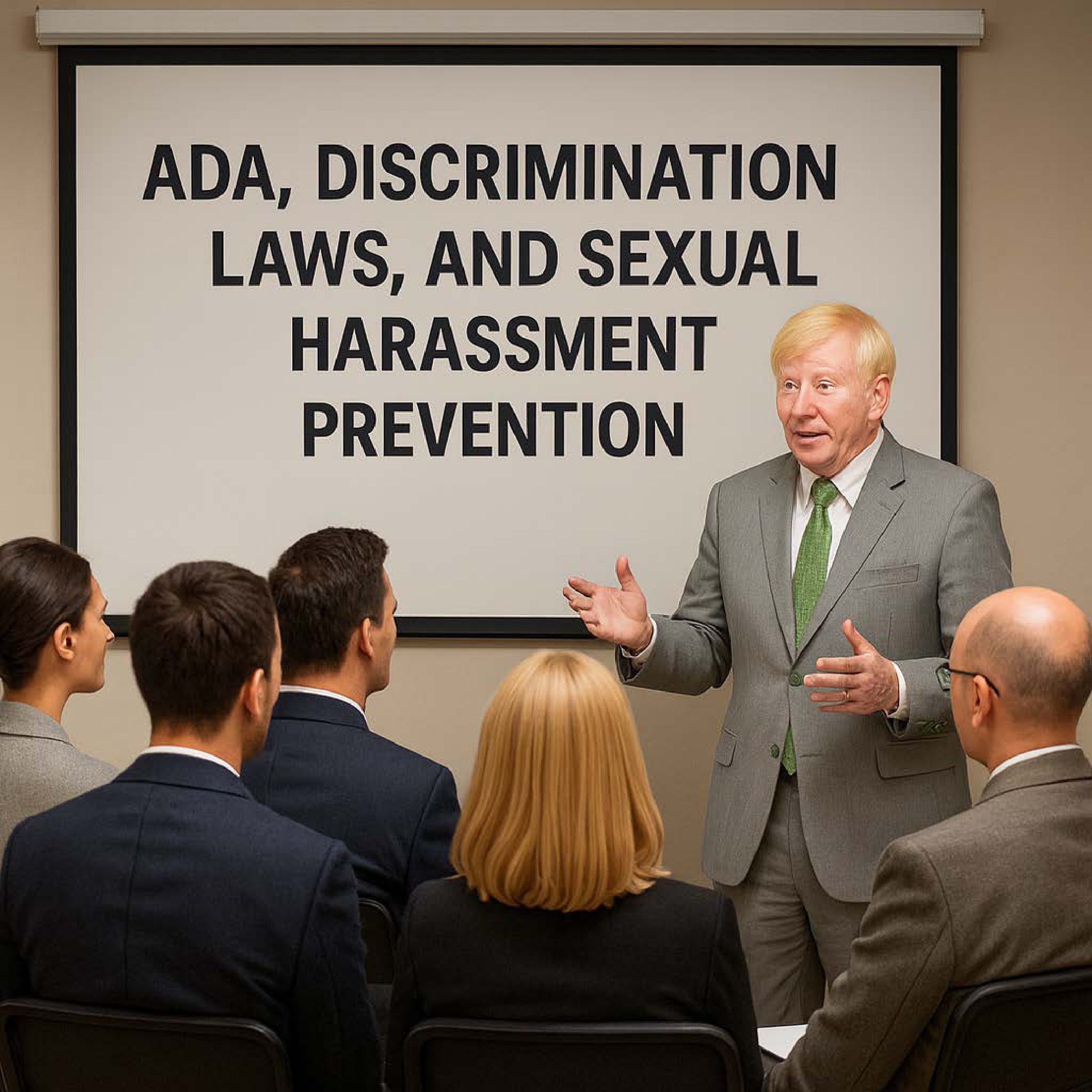 Man presenting on ADA, discrimination, and harassment prevention to a small audience.