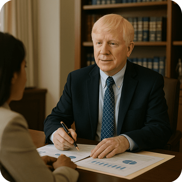 Two people discussing documents in office.